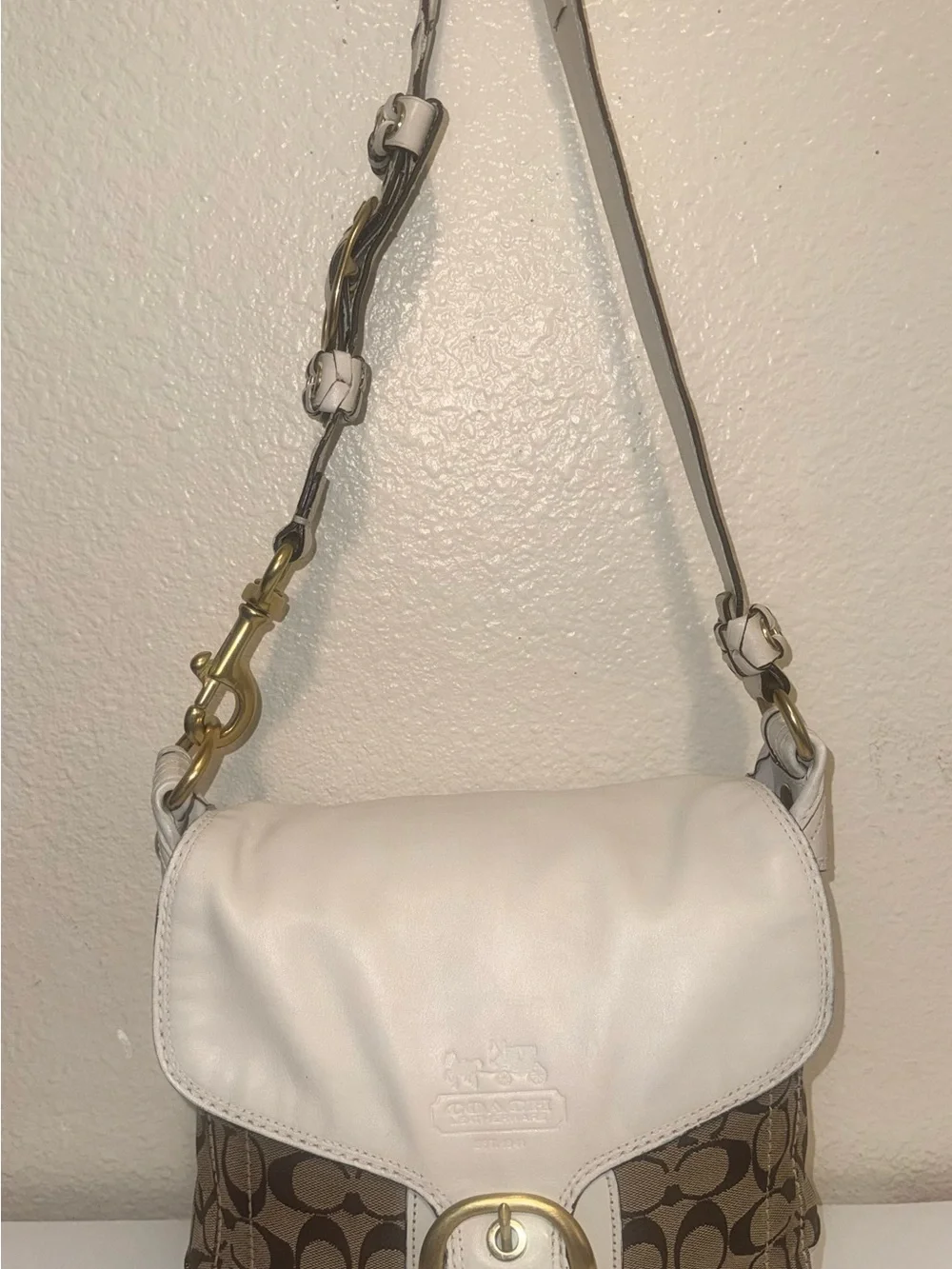 Coach White and Brown Signature Shoulder Bag with Brass Buckles